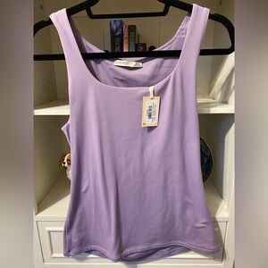 Black Tape, lilac tank top, double-knit, eased scoop neck, ultra-soft.